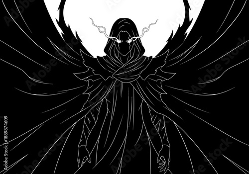 Dark fantasy character illustration of a mysterious hooded figure with glowing eyes and large wings unfolding against a stark white background