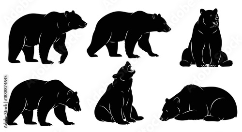 Collection of black bear silhouettes in various poses, i