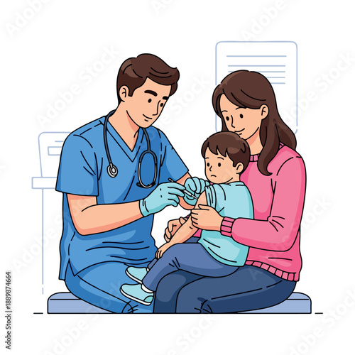 A male doctor in blue scrubs examines a young boy's arm while the boy sits on his mother's lap in a clinical setting.