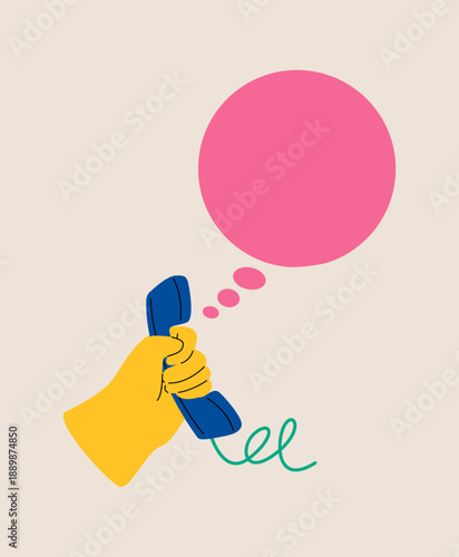 Hand holding telephone receiver with speech bubbles. Colorful vector illustration