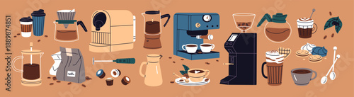 Coffeeshop items set. Kitchen appliances and tools for making coffe. Coffeehouse drinks and desserts. Coffee machine, cofee beans grinder, paper cups and mugs. Flat isolated vector illustrations