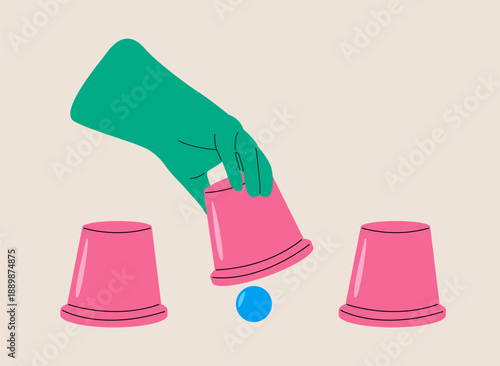 Hand lifting a cup of a cups and ball game. Colorful vector illustration