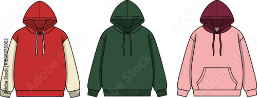 Three colorful hoodie sweatshirt vector set showing modern casual hooded sweaters in red green pink for fashion apparel design use