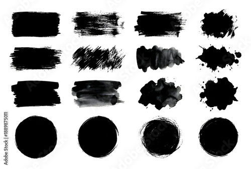 Set of 16 Black Brush Strokes and Ink Circles Isolated on Transparent Background for Creative Grunge Design PNG
