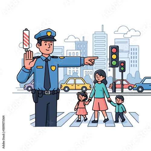 Illustration of a police officer directing traffic while a woman and two children cross the street at a city intersection with traffic lights and cars in the background.