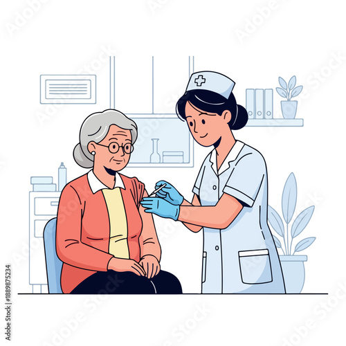 A nurse administering a vaccination to an elderly woman in a clinical setting with a medical background.