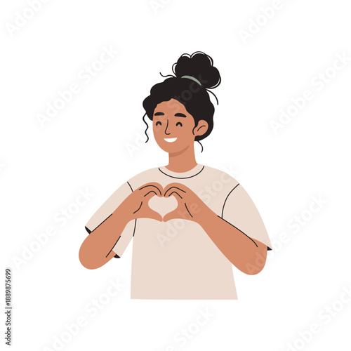 Young woman making a heart with her hands. Help, care, philanthropy and support concept. Vector Illustration on a white background