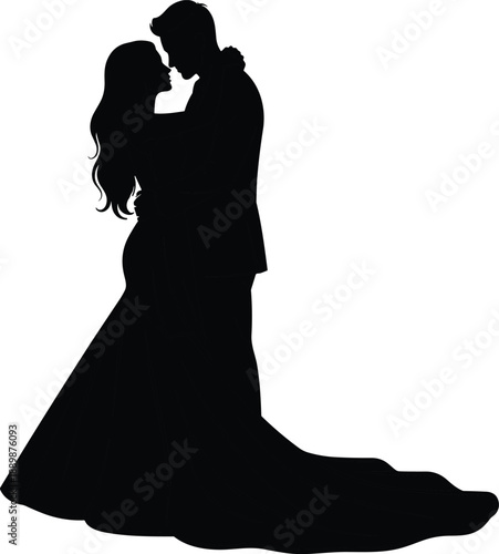 Romantic wedding couple silhouette embracing in elegant pose black vector illustration isolated on white background love marriage ceremony concept