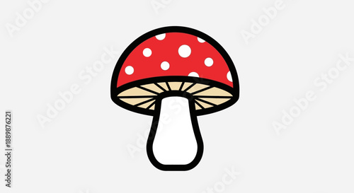 Whimsical fungi illustration with vibrant red cap and distinctive white spots design