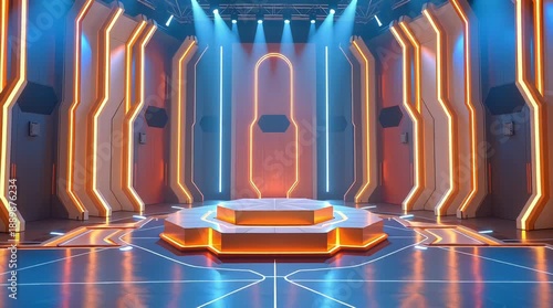a futuristic stage with glowing orange and blue LED lights, hexagonal platforms, and a central podium, all set against a dark, industrial backdrop with dramatic lighting