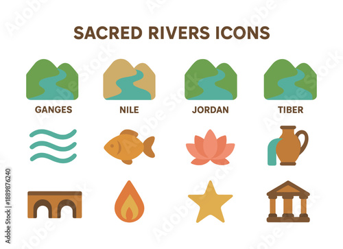 Sacred river icons: ganges, nile, jordan, tiber symbols and elements