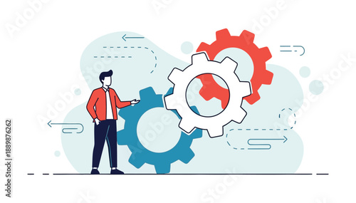 Man standing with gears symbolizing process management business workflow solution illustration blue red colors