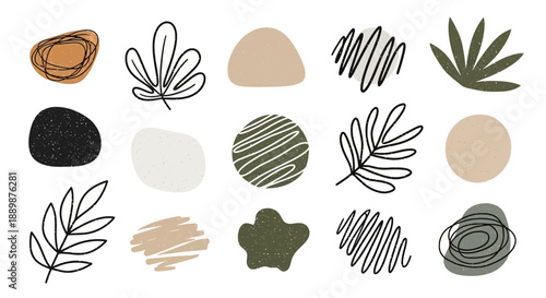 Trendy abstract shapes and floral elements background, earthy tone organic aesthetic compositions