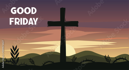 Good Friday Christian Cross at Sunset Landscape Illustration