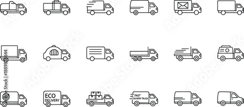 Collection of outline icons representing various delivery trucks and vans, perfect for logistics and transportation concepts.