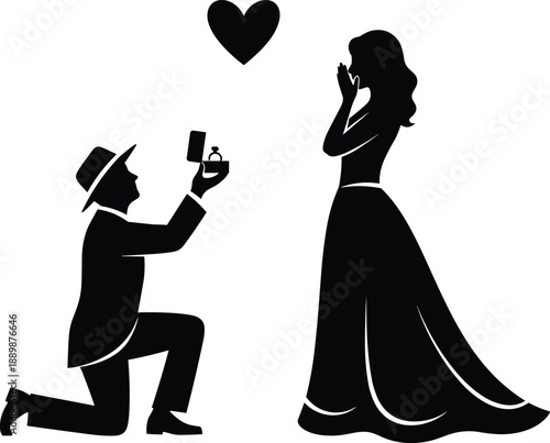 Romantic marriage proposal silhouette man kneeling offering engagement ring to woman elegant black vector illustration isolated white background love concept