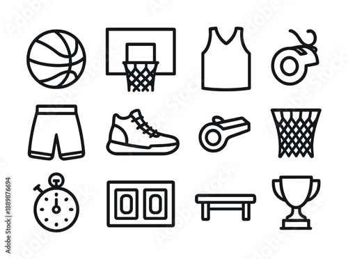 Basketball equipment icons: hoop, jersey, sneakers, stopwatch, trophy