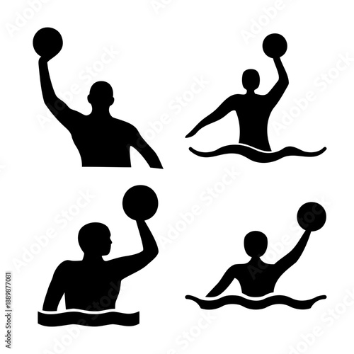 Dynamic silhouettes of water polo players showcasing active poses with the ball