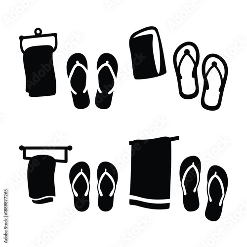 Collection of essential bathroom and beach accessories in clean silhouette style