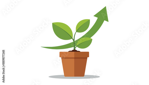 Potted plant growing expanding with green arrow up on white background simple design flat illustration