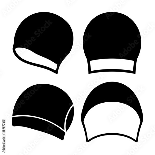 Various black silhouette icons of swimming caps for aquatic sports and pool activities