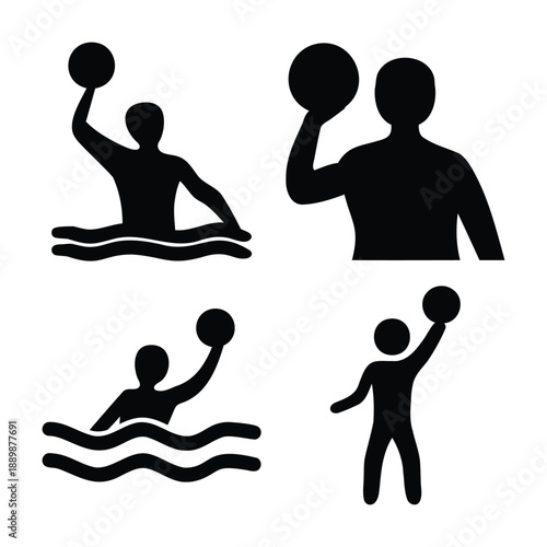 Water polo player icons set featuring athletes with ball in various poses