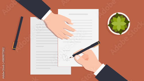 Business partners signing sales contract or legal document on office desk illustration