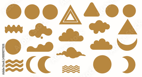 Golden minimalistic celestial and nature inspired elements isolated on white background seamless