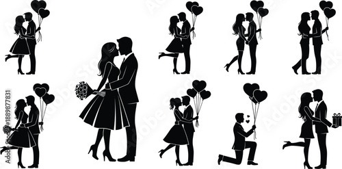Romantic couple silhouettes set with heart balloons proposal kissing wedding anniversary love scenes vector illustration collection black white design