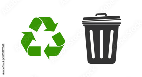 Recycling concept with a green arrow symbol and a dark-grey simple trash bin illustration