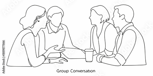 Four people seated around a table engaged in a discussion