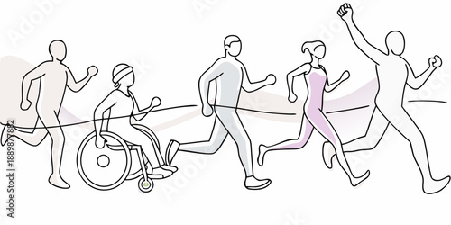 A diverse group of athletes participate in a running race including a wheelchair racer