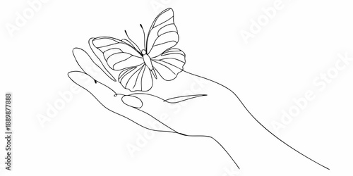 A delicate butterfly rests gently upon an open human hand line art