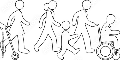 Line drawing depicting a diverse group of people walking and rolling