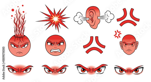 Cartoonish angry mood vector set, expressing various levels of vexation and frustration in
