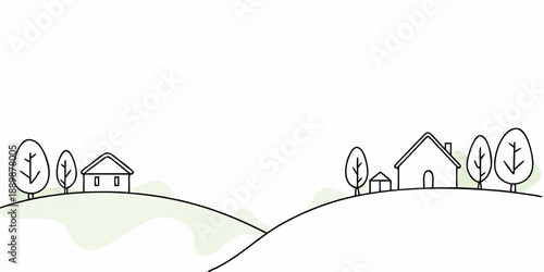 Simple line drawing depicts a rural landscape with houses and trees
