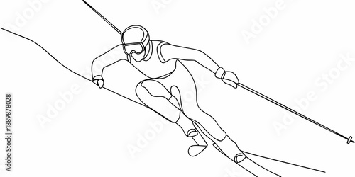 A continuous line drawing depicts a skier in dynamic motion downhill