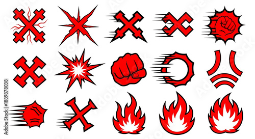 Dynamic red action icon collection for energetic design purposes, conveys energy and impact