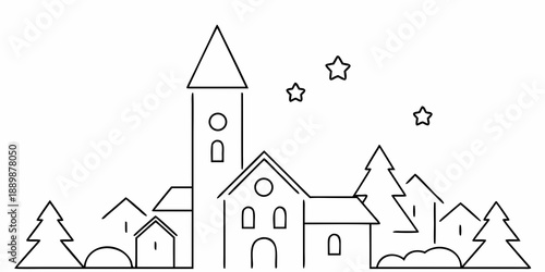 Simple line drawing of a townscape with geometric shapes and stars