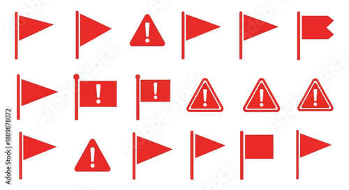 Assorted minimalistic red flags and warning signs displayed on a clean white backdrop ideal for
