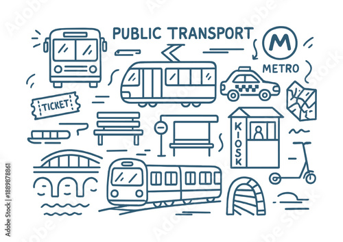 Public transport icons: bus, train, metro, and more
