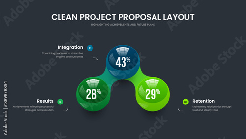 Simple Analysis Slide Template Vector Illustration. Science Launch Three Step Diagram Frame Design. Project Overview 3 Element Chart Slideshow Layout.