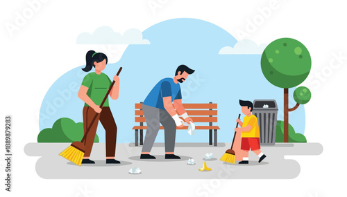 Family cleaning park together sweeping trash helping environment sunny day flat illustration style clear sky