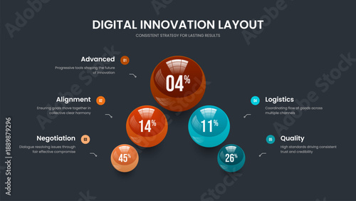 Marketing Visualization Five Option Graph Presentation Template. Advertising Analysis 5 Element Infographic Slideshow Design. Minimal Campaign Slide Layout Vector Illustration.