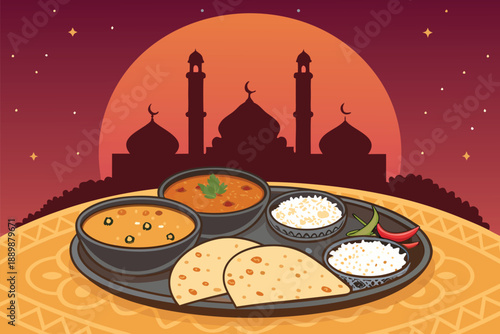 Indian Dinner Thali Night Setting Illustra