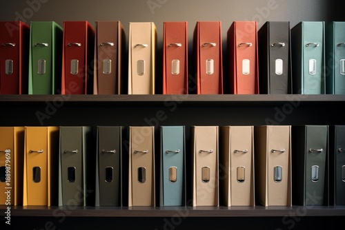 Document binders in varying colors organized on office archive shelves, representing organization and filing