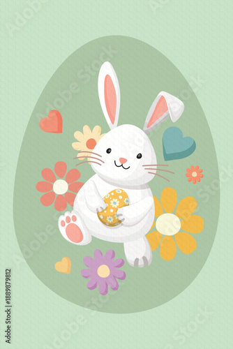 Cute Easter bunny holding decorated egg hand drawn style with light green bond paper texture background have blank space.