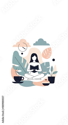 Woman meditating in a serene environment surrounded by plants and coffee cups from a top viewpoint