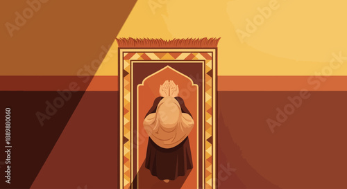 Islamic Vector art of a dignified figure standing within an ornate frame, depicted in a traditional setting from a frontal viewpoint