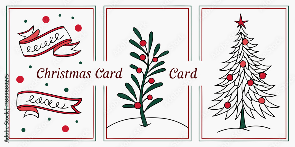 Obraz premium Whimsical Christmas Card Panels – Decorative Ribbons, Snowy Hills, and Festive Tree with Red Accents